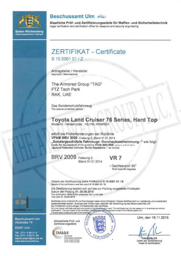 Certifications The Armored Group LLC ZERTIFIKATE Certificate