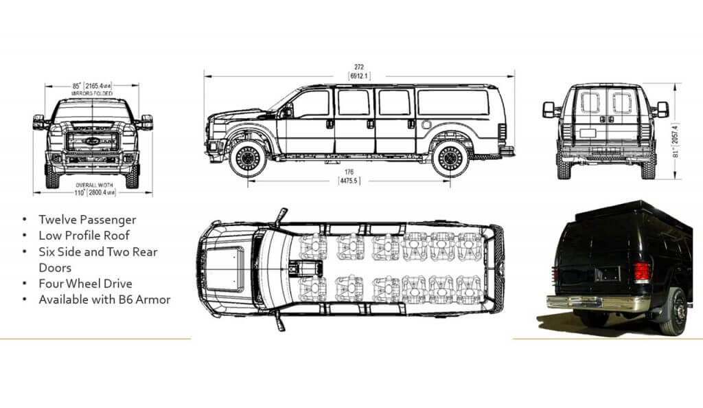 TAG Tactical Utility Vehicles Ford Mobile Commander Sketches Dimensions Details Twelve Passenger