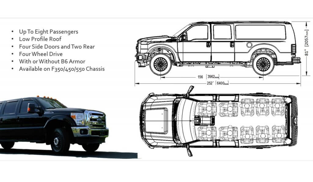 TAG Tactical Utility Vehicles Ford Mobile Commander Sketches Dimensions Details Eight Passenger Seating Arrangement Sky View