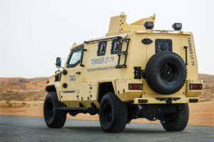 Back shot of armored military vehicle