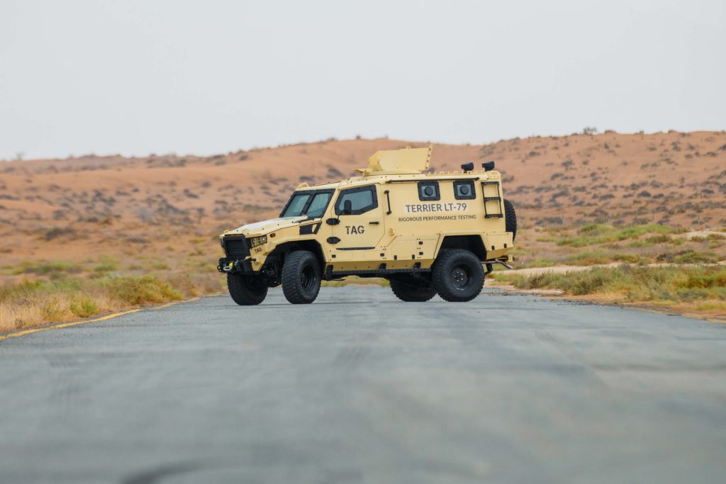 Side view of armored military vehicle