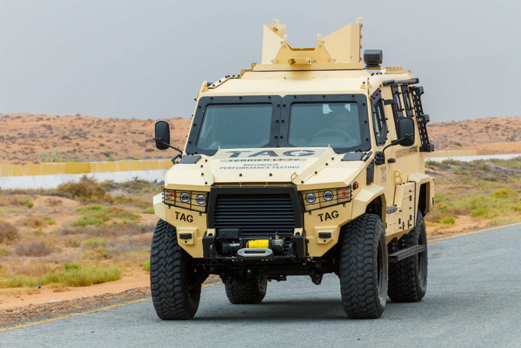 Front shot of armored military vehicle