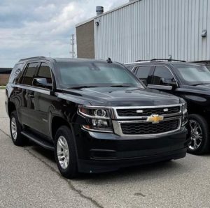Front shot of armored Chevy Tahoe
